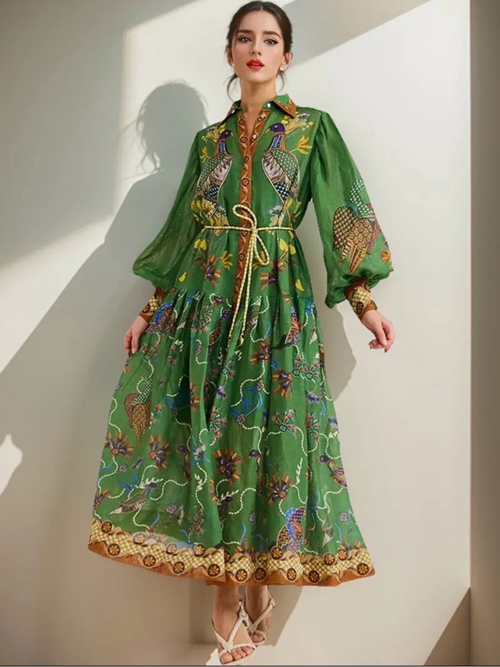 Boho Green Floral & Bird Print Maxi Shirt Dress Fall 2026 L - Picture 12 of 16